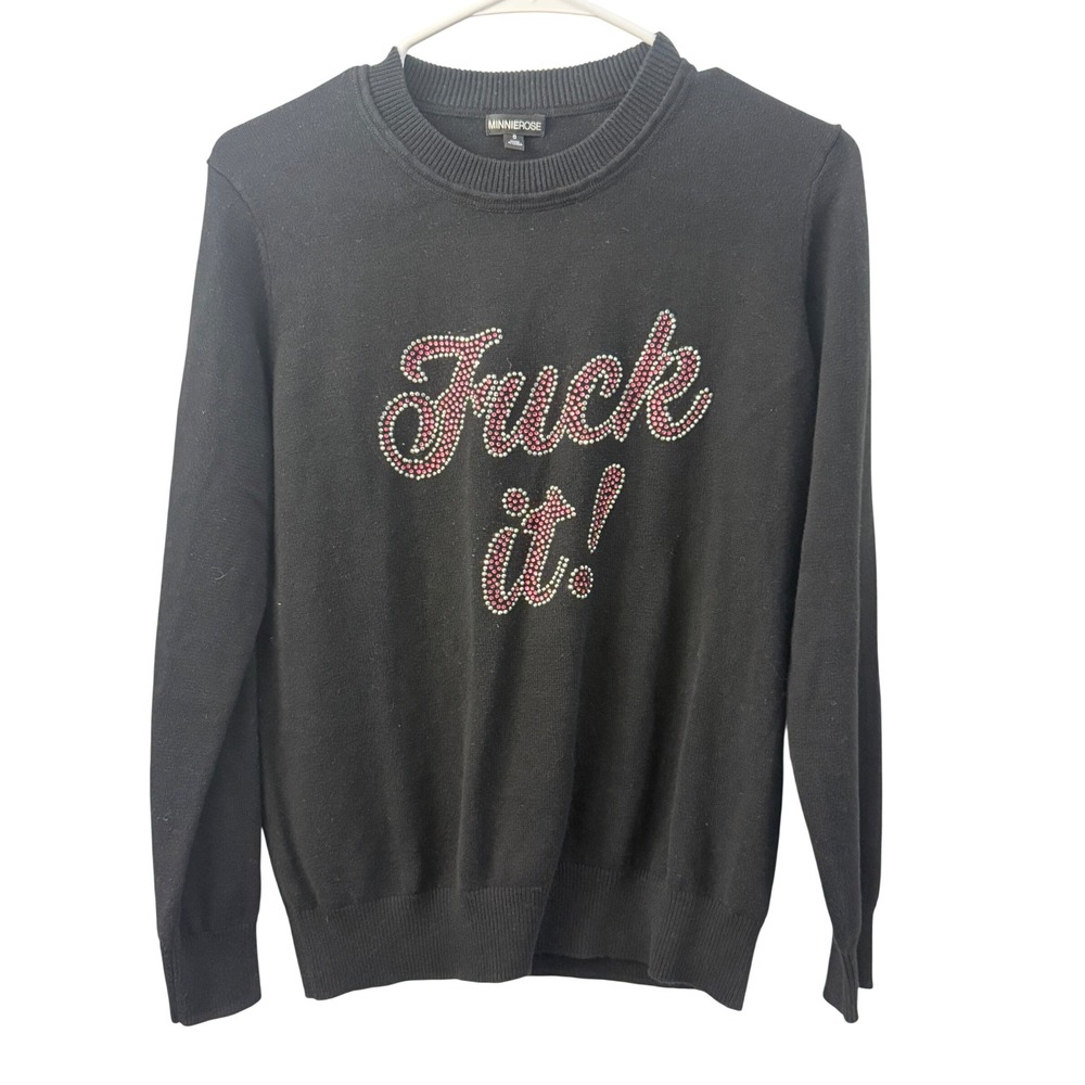 Minnie Rose Black Cotton Cashmere Rhinestone Graphic Sweater Small Knit Grunge